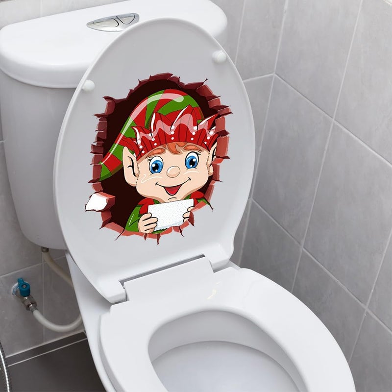 Iprokiu Christmas Toilet Sticker Santa Claus Reindeer Elf Toilet Seat Cover Decal Waterproof Christmas Crack Toilet Seat Lid Decal Snowman Elk Washroom Decoration (Elf) - Image 1